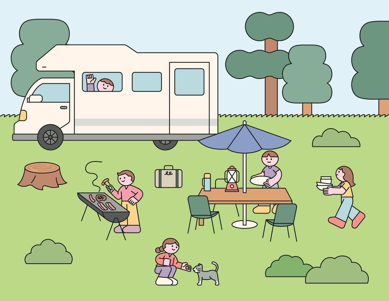 Cute illustration of a family RV camping vector