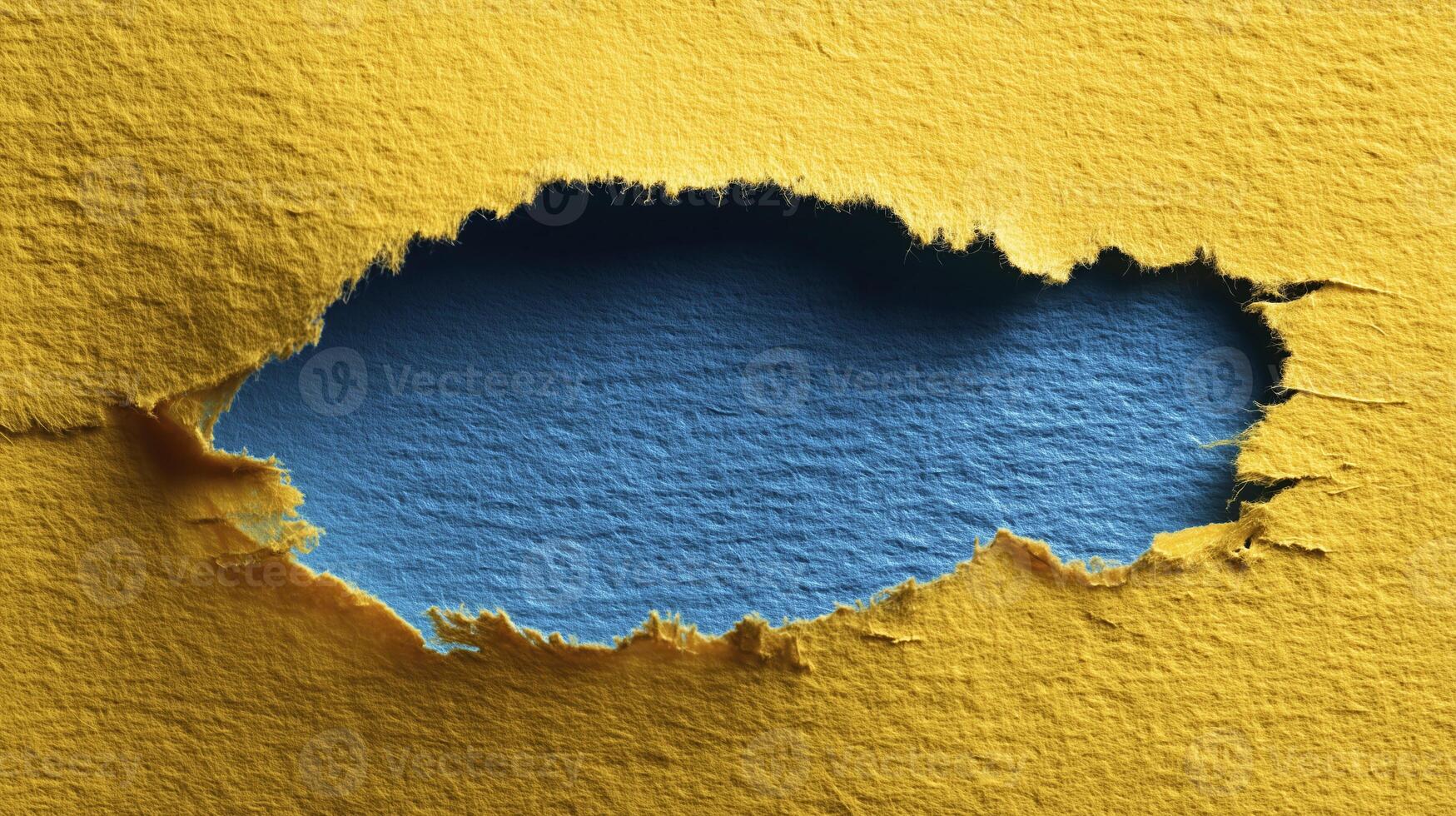 Torn yellow paper with a jagged edge revealing a vibrant blue background underneath, creating a striking contrast and an engaging visual element for creative projects photo