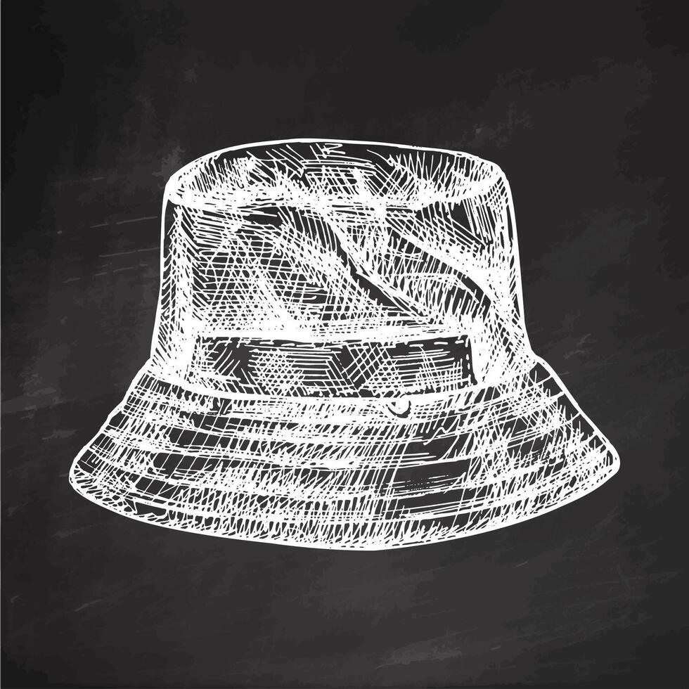 Hand drawn vintage sketch of bucket hat on chalkboard background vector