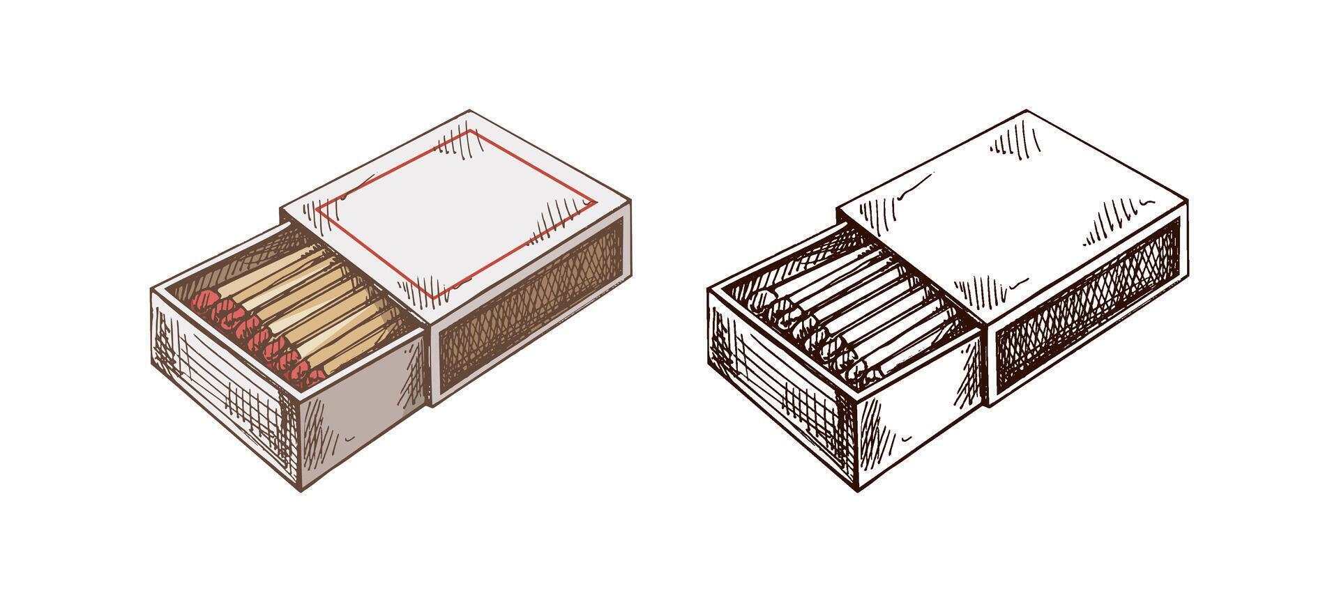 Hand drawn vintage colored and black sketch of matchbox and wooden matchsticks vector