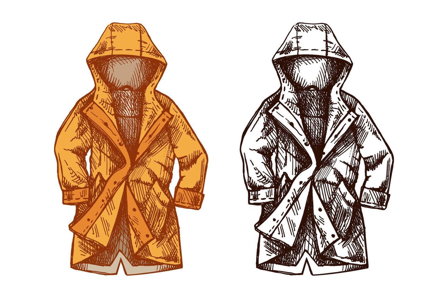 Hand drawn vintage colored and black sketch of hooded raincoat jacket, isolated illustration vector