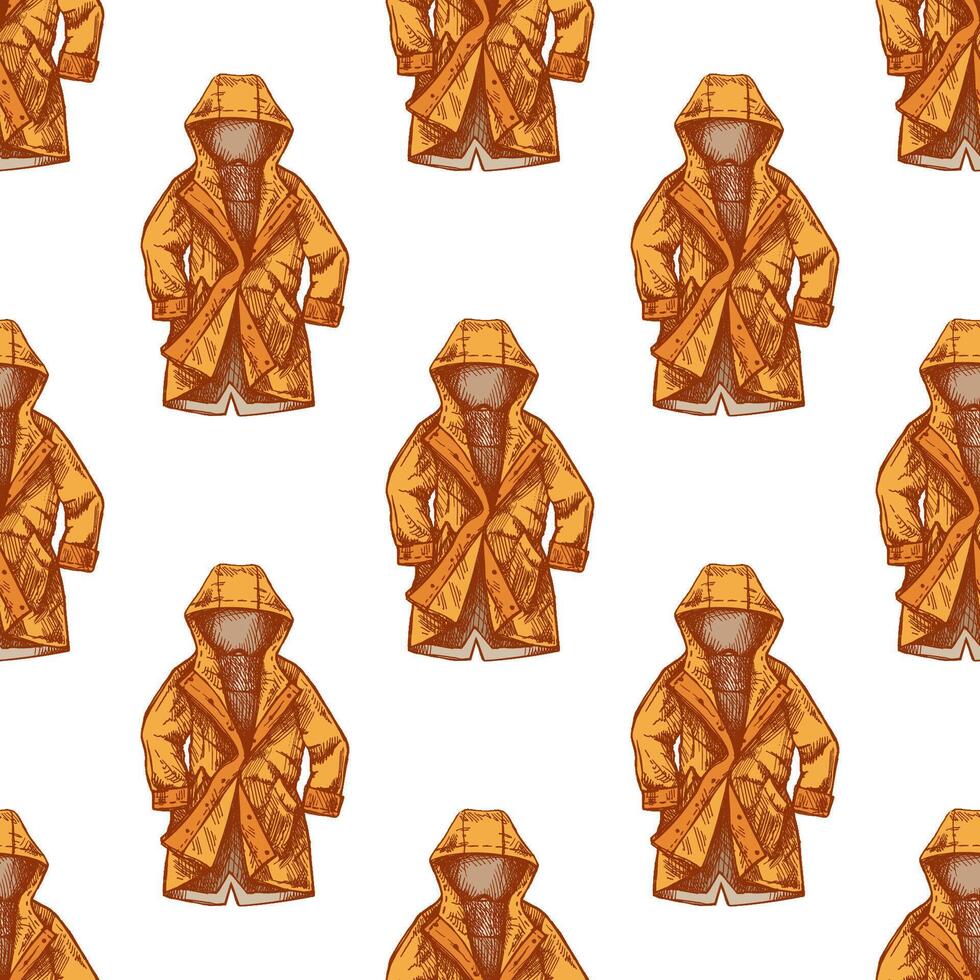 Hand drawn colored seamless pattern with vintage hooded raincoats vector