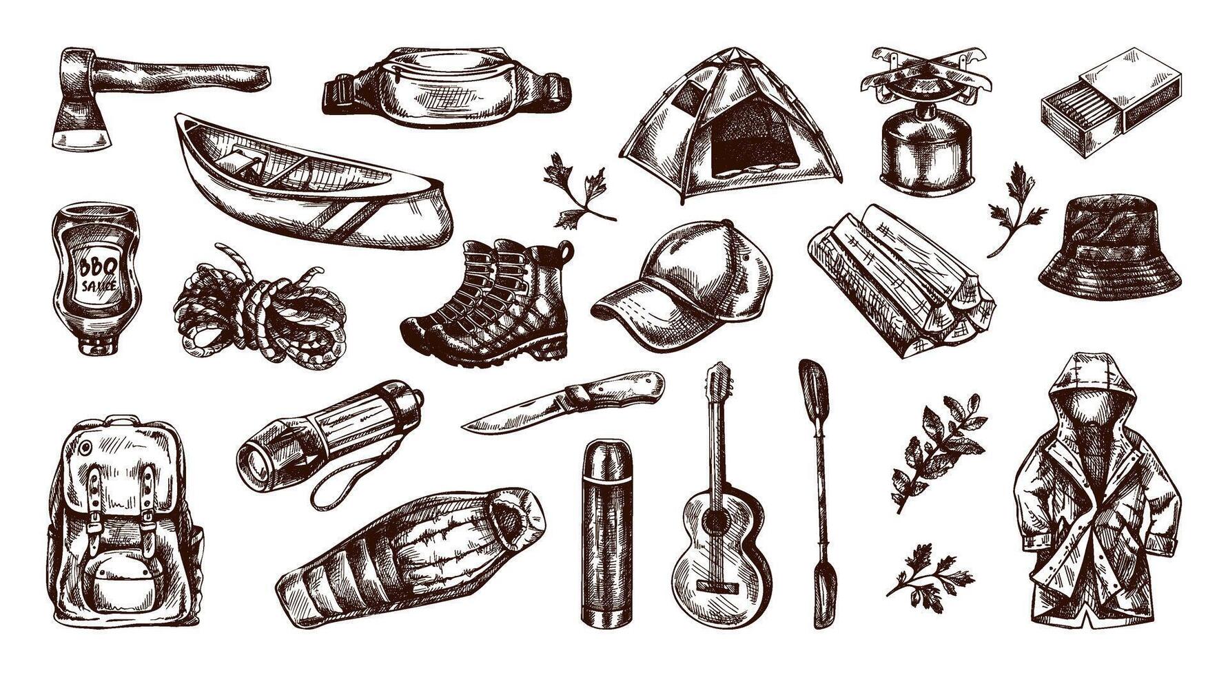 Hand drawn vintage sketch of camping, hiking and travel gear with food and herbs in engraved style, isolated illustration vector