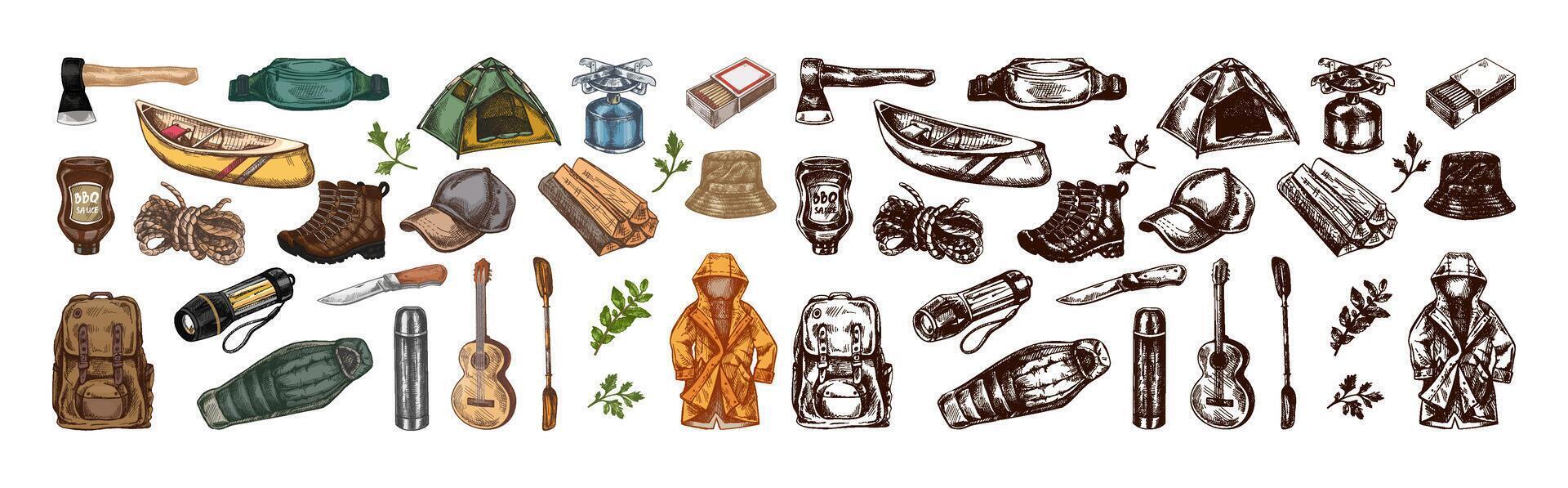Hand drawn vintage sketch of colorful and monochrome camping travel set with tourist gear on white background vector