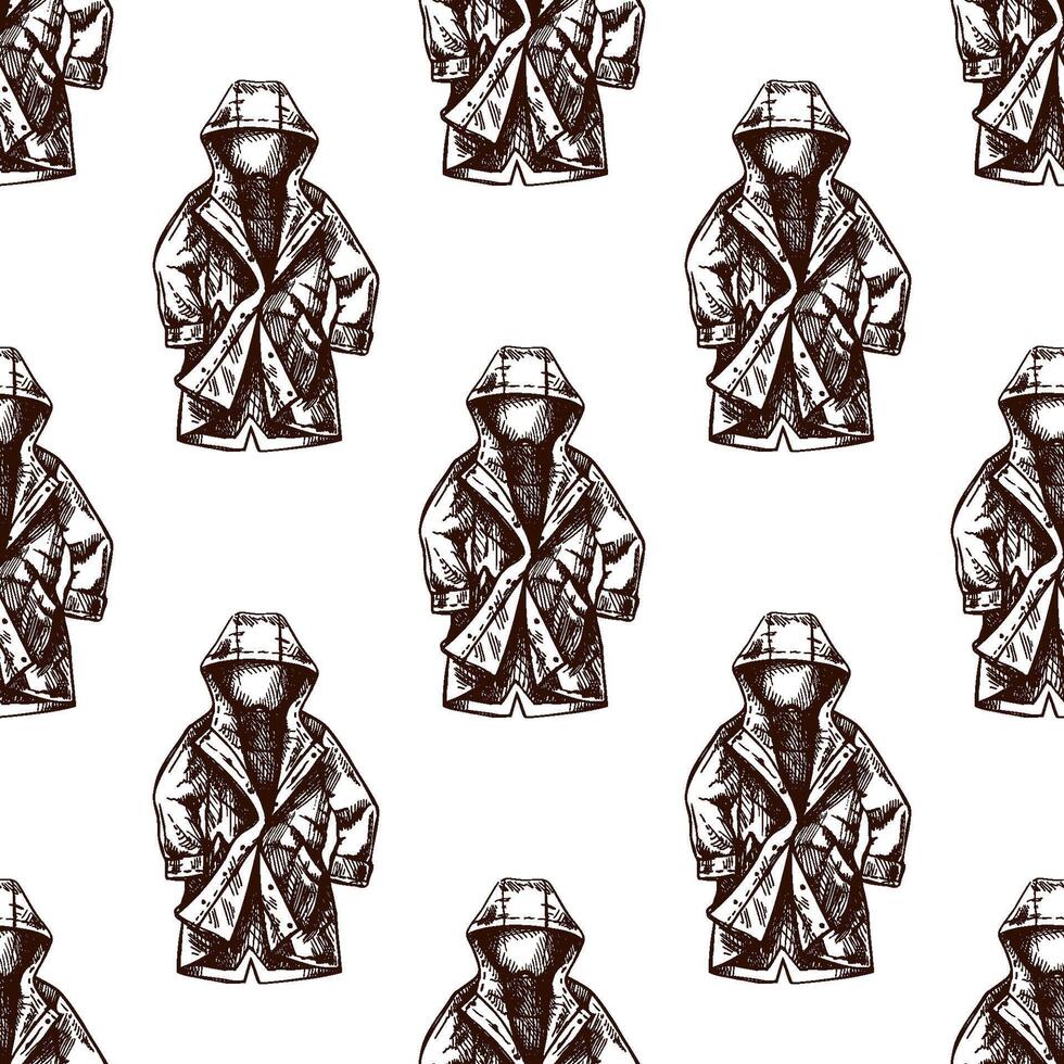 Hand-drawn seamless pattern with vintage hooded raincoats in engraving style vector