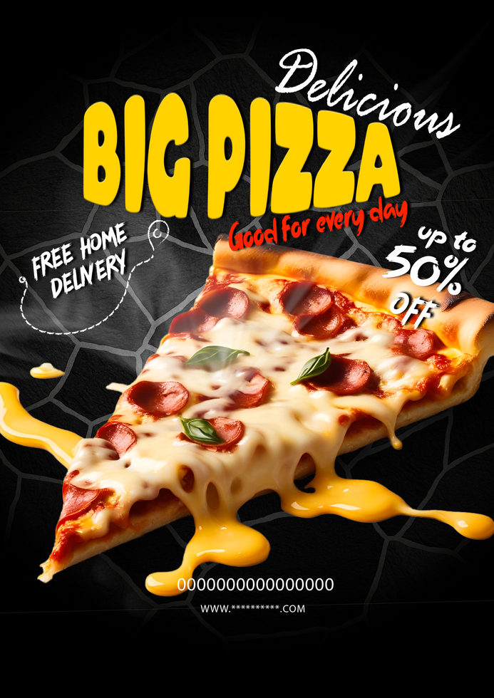 promotional leaflet, mega pizza with tomato and cheese, deliveries, pamphlet psd