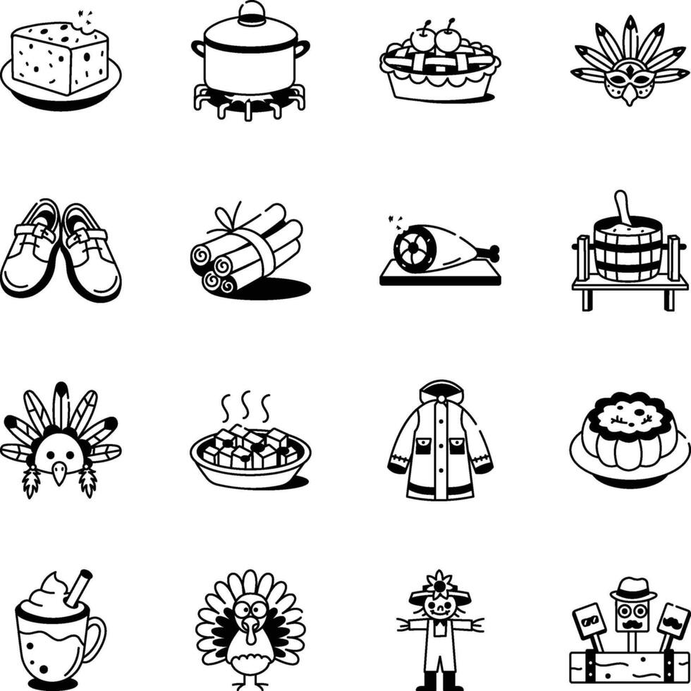 Set of 16 Thanksgiving Food and Props Doodle Icons vector