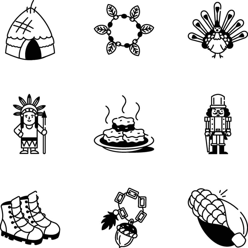 Bundle of 09 Thanksgiving Festivity Doodle Style Icons vector