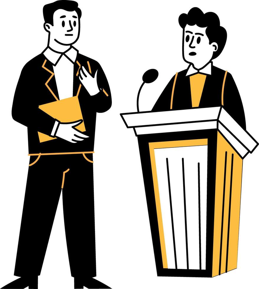 A hand drawn illustration showing lawyer questioning from a character vector