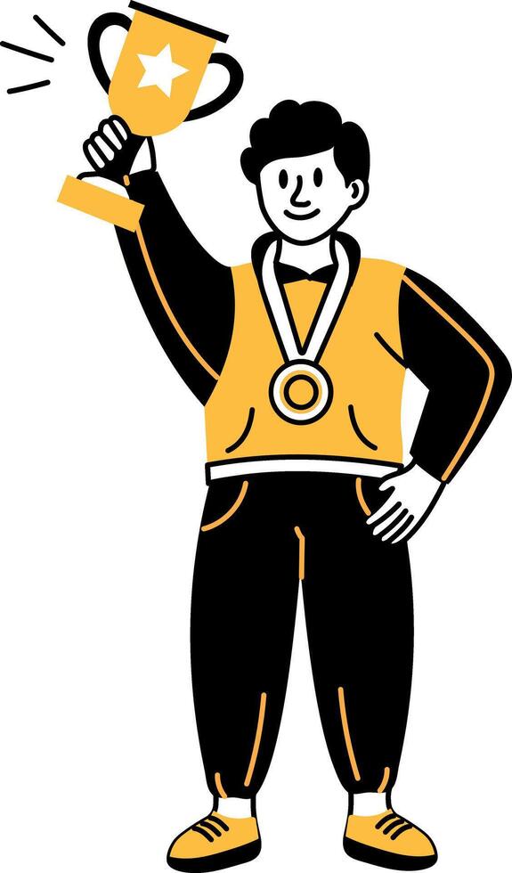 A hand drawn illustration depicting winner holding a trophy vector