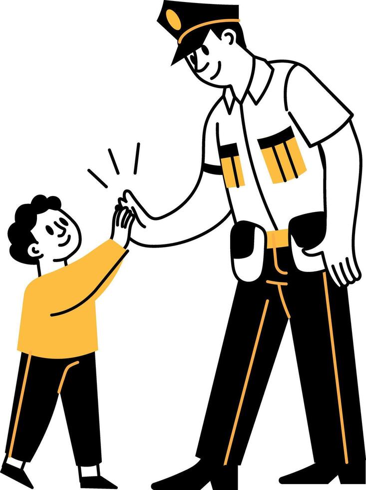 A child giving high five to the police officer, hand drawn illustration vector