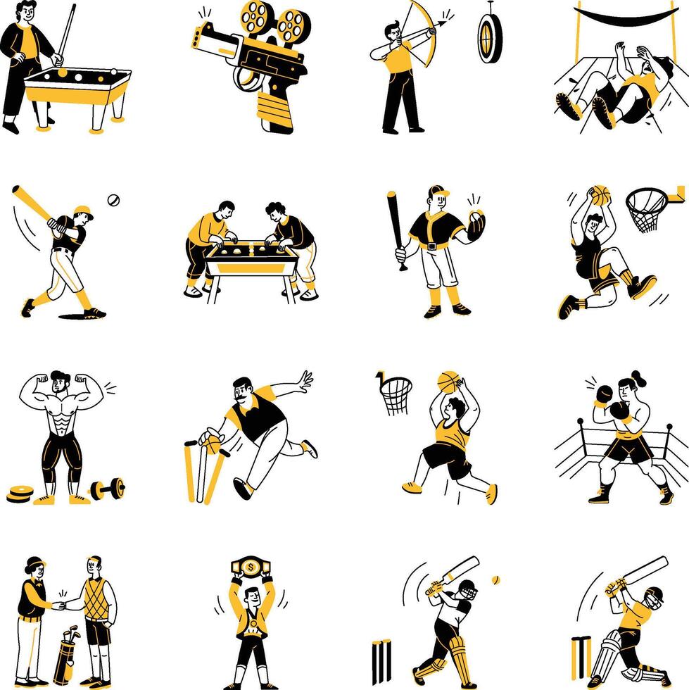 Collection of 16 Sports Players Hand Drawn Illustrations vector
