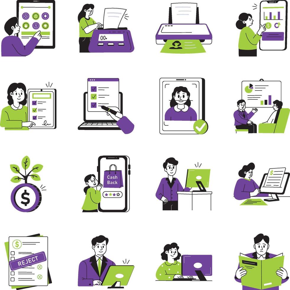Set of Digital Banking Sketchy Style Illustrations vector