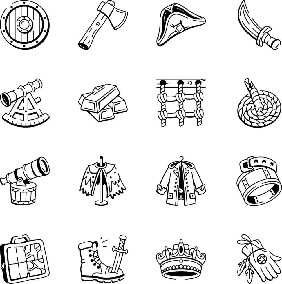 Collection of Pirate Accessories Doodle Icons vector