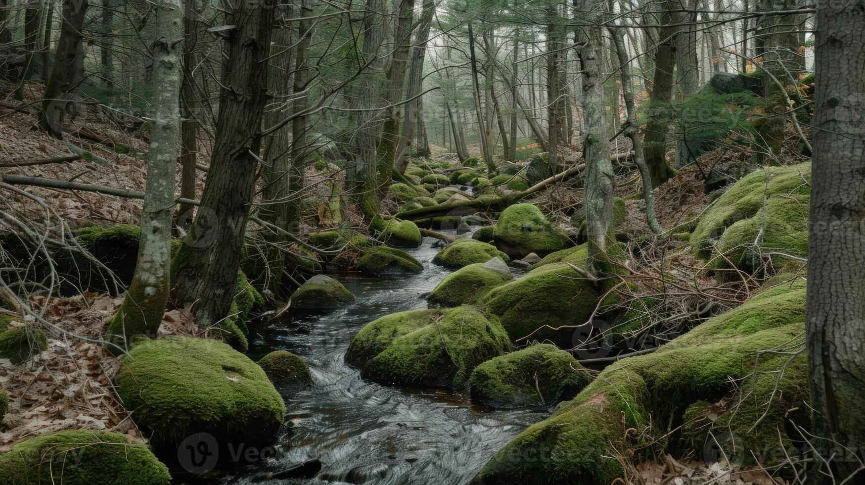A Tranquil Stream Winding Through a Mossy Forest photo