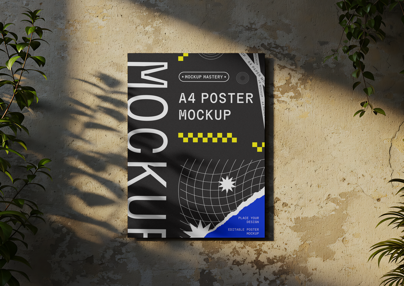 Modern Poster Mockup Hanging on Rustic Wall with Natural Light and Leaf Shadows psd