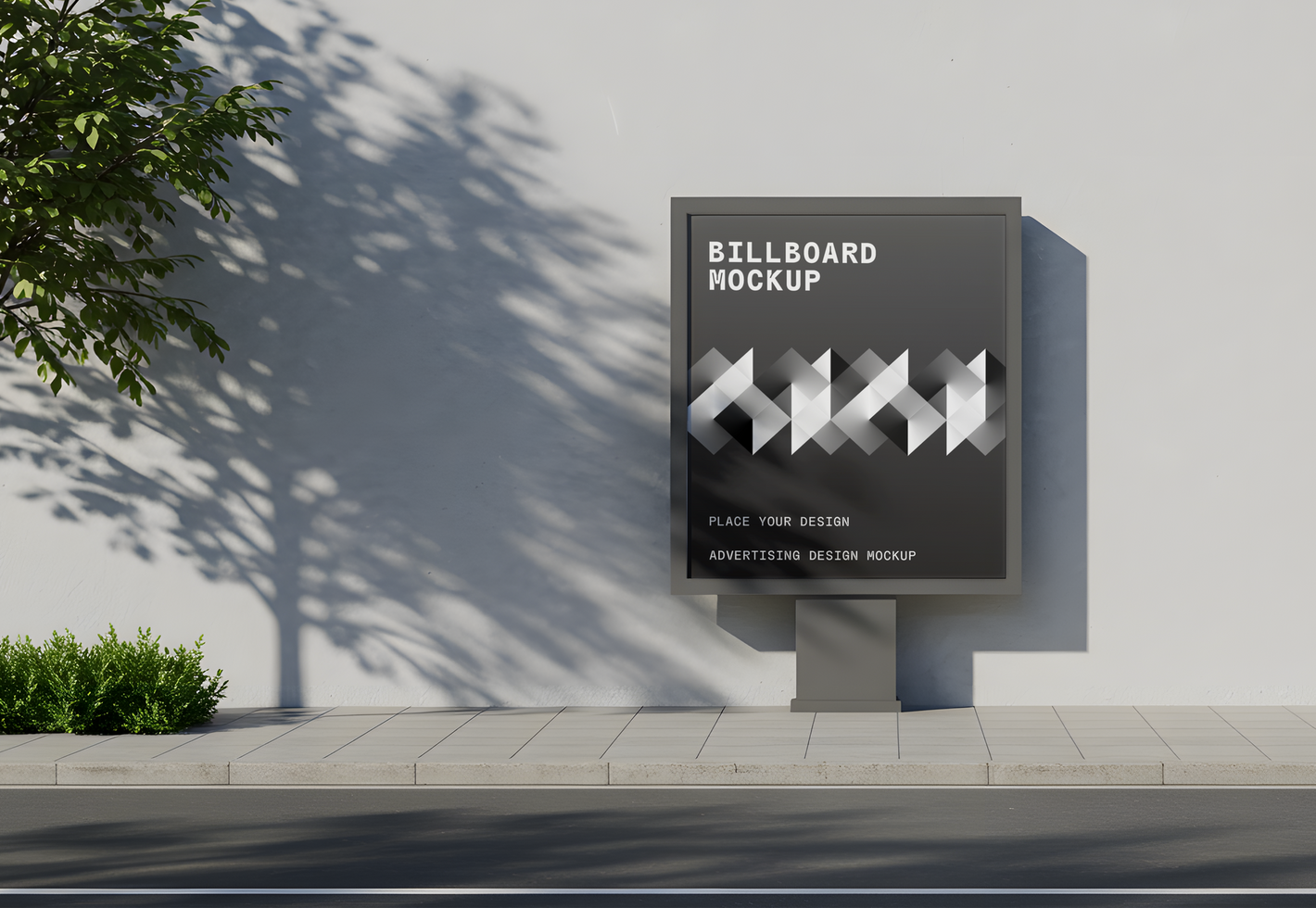 Standing Horizontal Billboard Mockup with Tree Shadows on White Wall psd