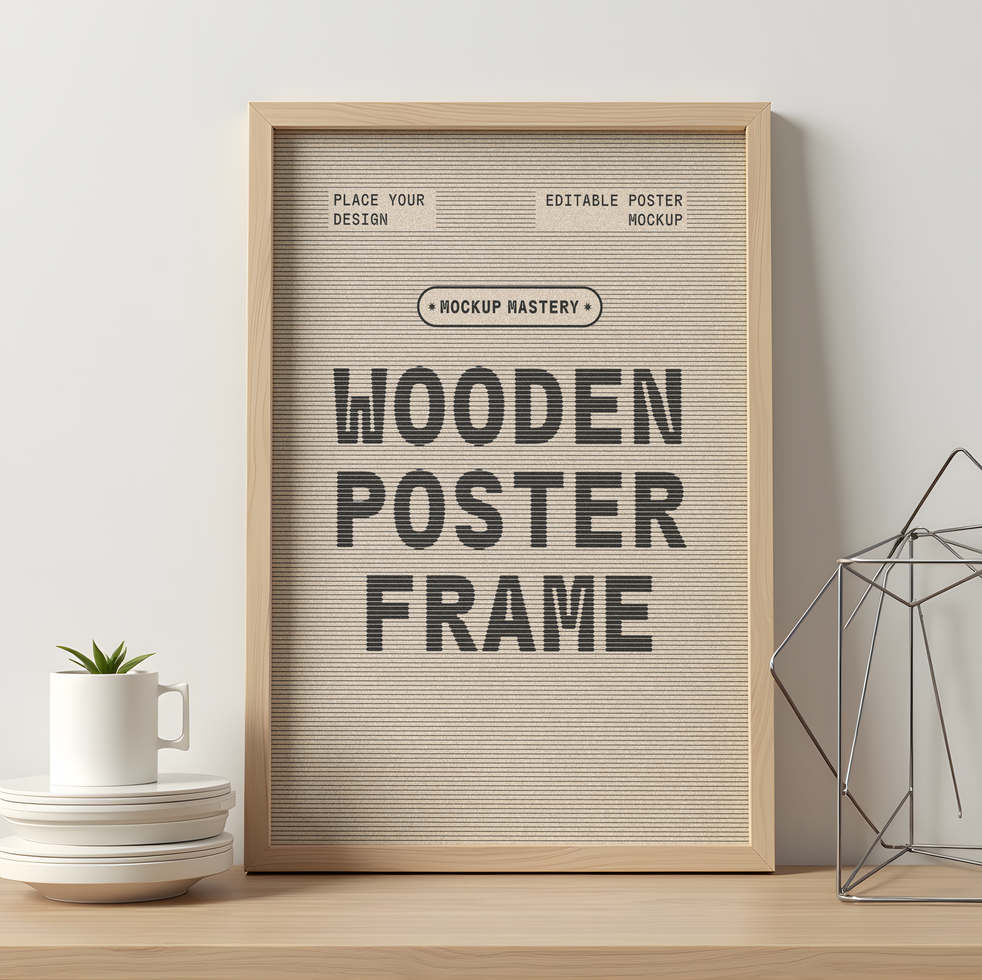Wooden Poster Frame Mockup on Minimalist Desk with Decorative Items psd