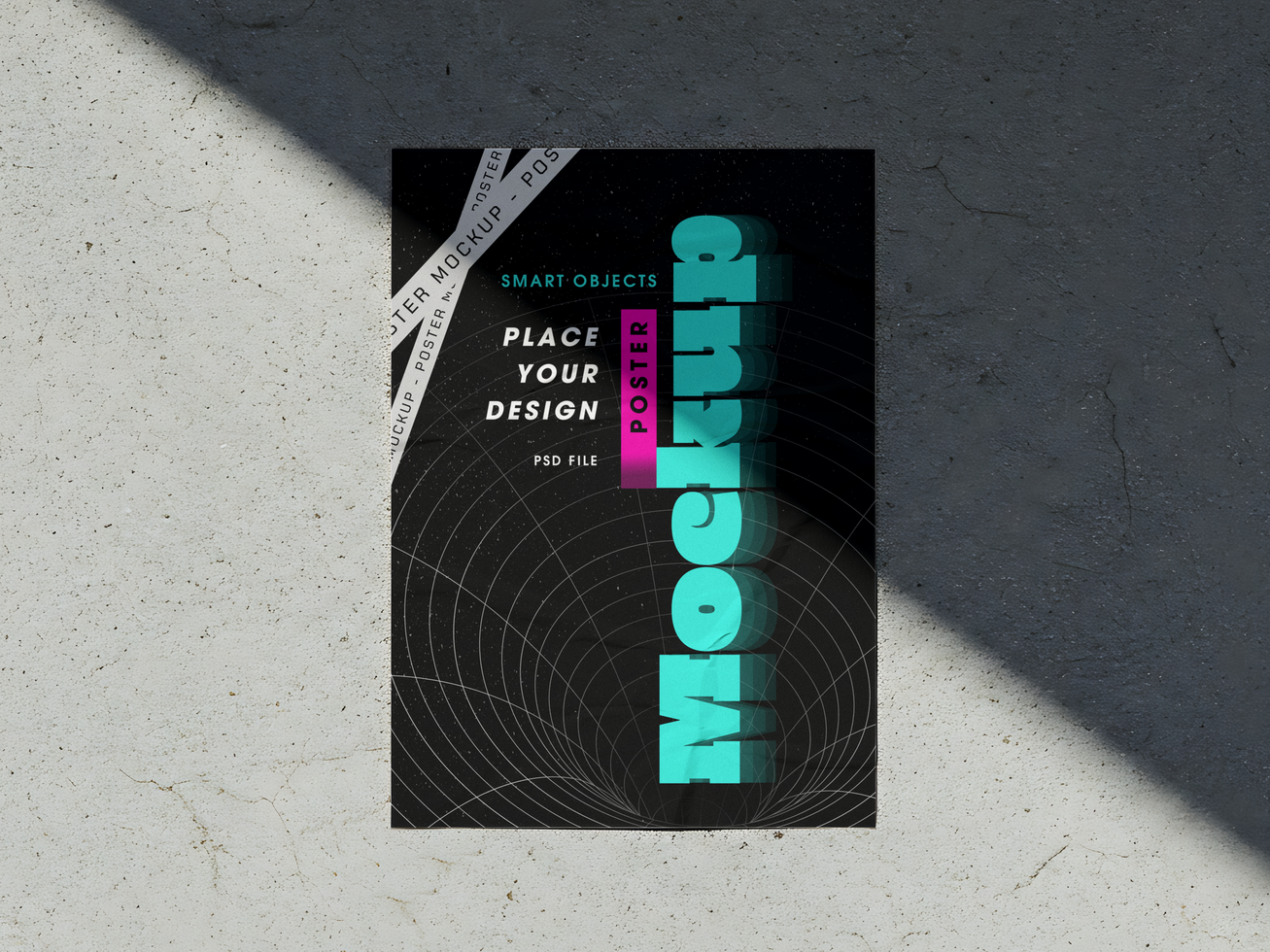 Minimal Poster Mockup on Concrete Floor with Dramatic Shadow psd