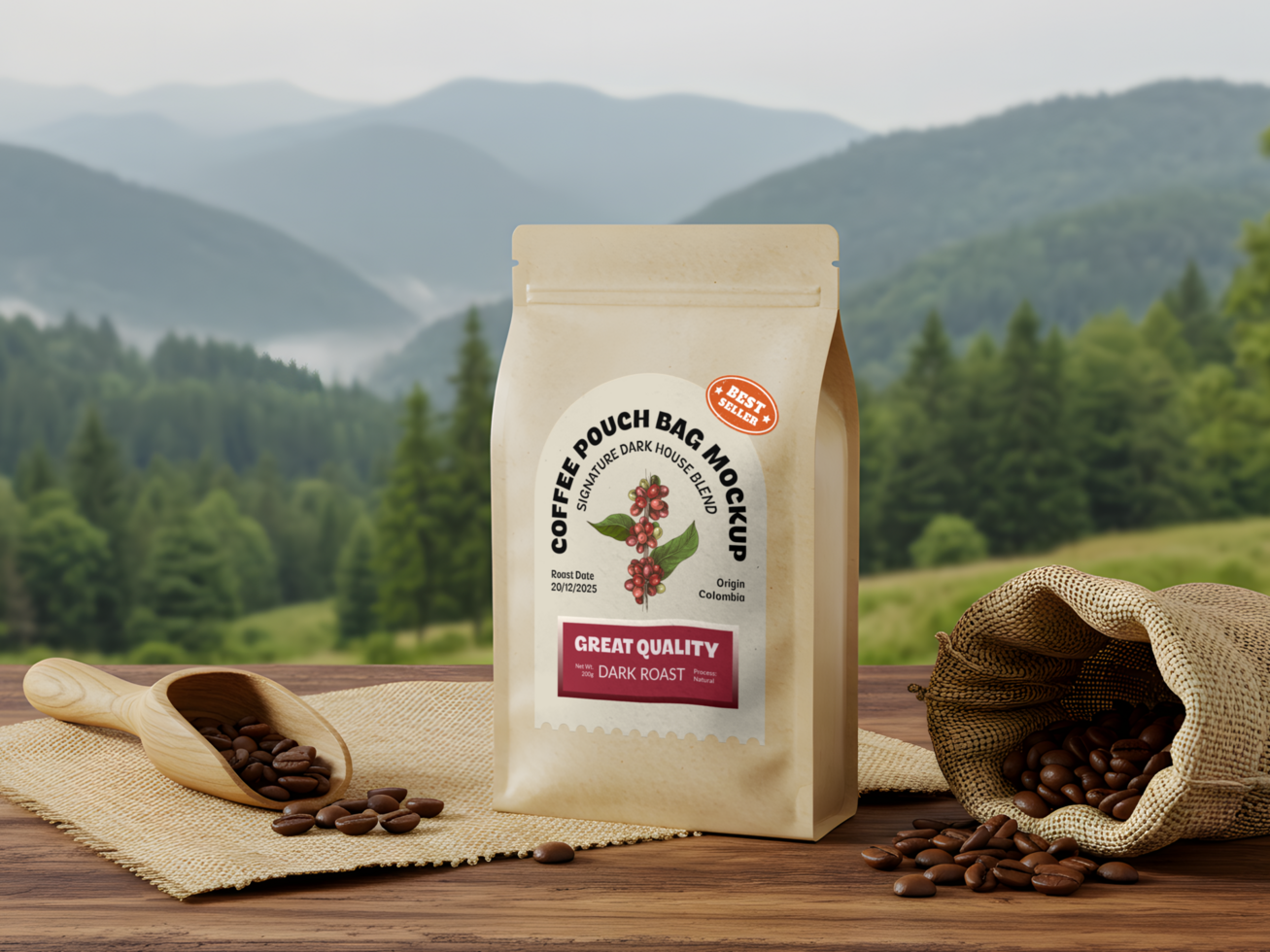 Coffee Pouch Bag Mockup with Beans on Wooden Table and Mountain Background psd