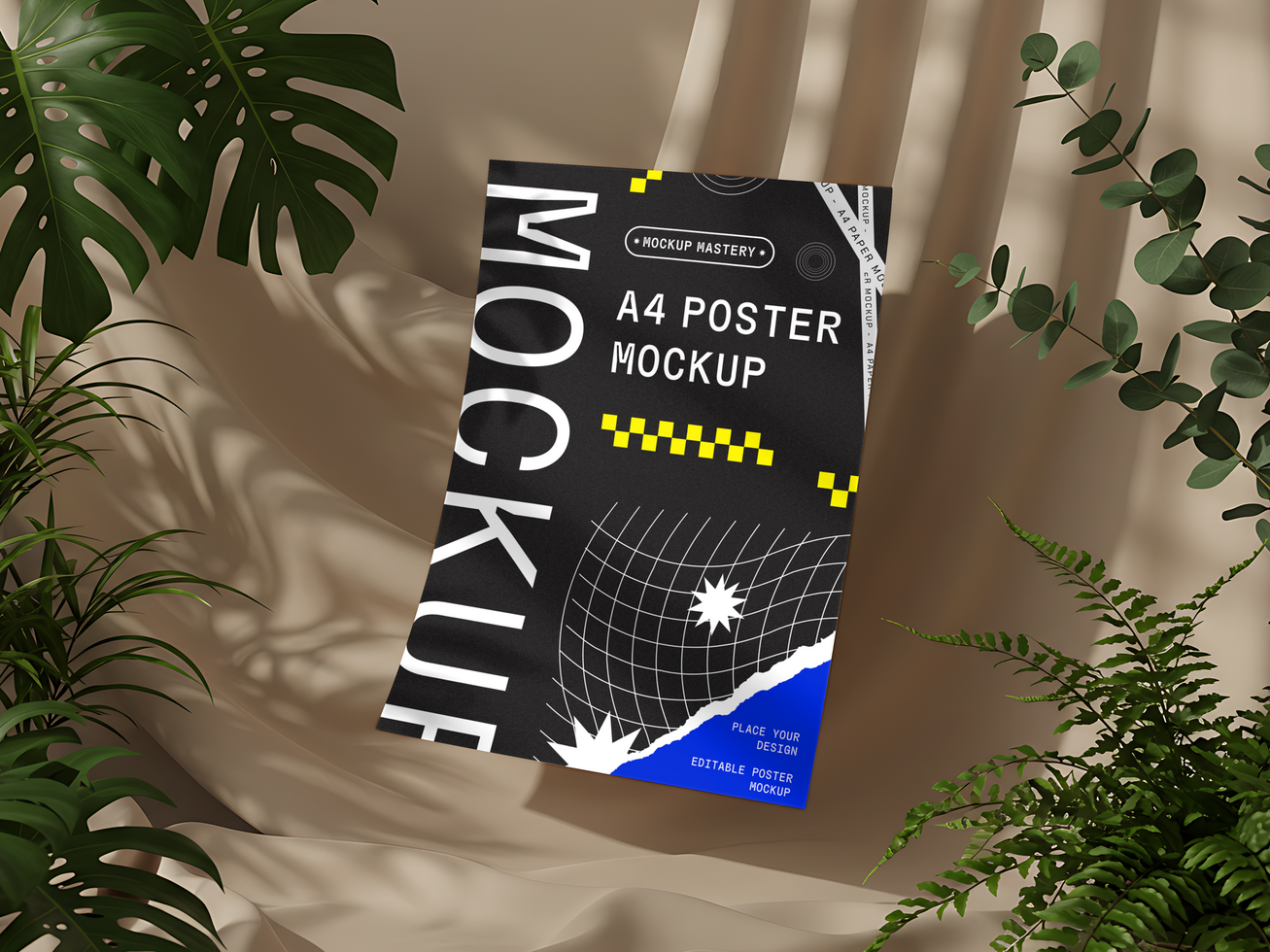 Poster Mockup Floating on Fabric with Tropical Leaves and Shadows psd
