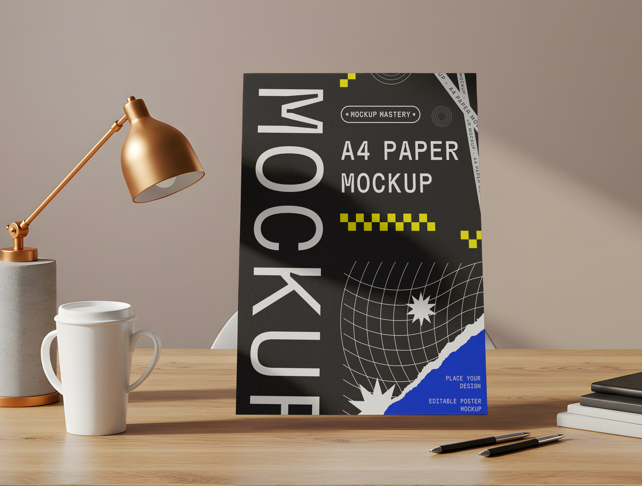 Poster Mockup on Wooden Desk with Lamp and Stationery psd