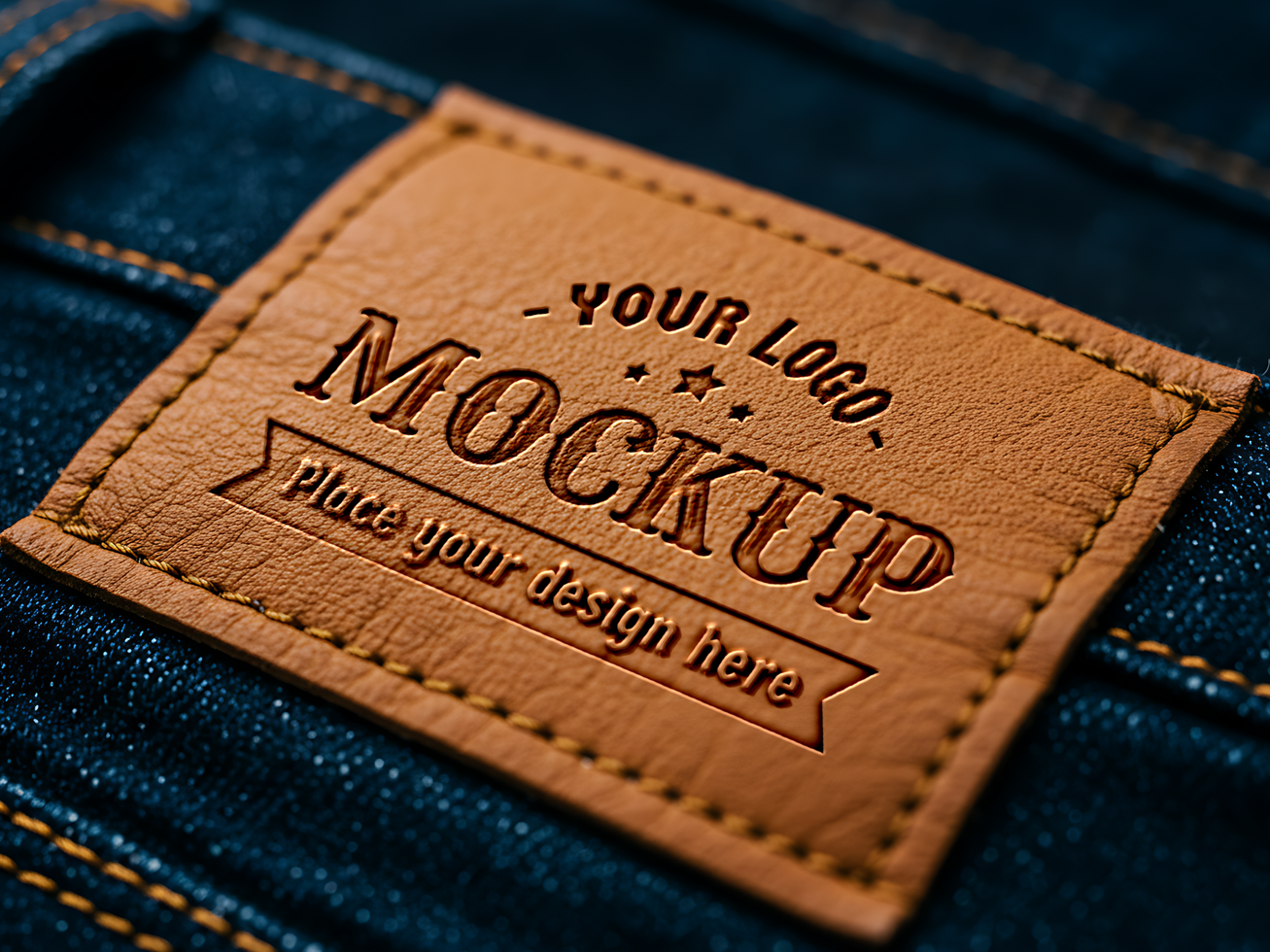 Realistic Leather Jeans Label Logo Mockup on Denim Background psd