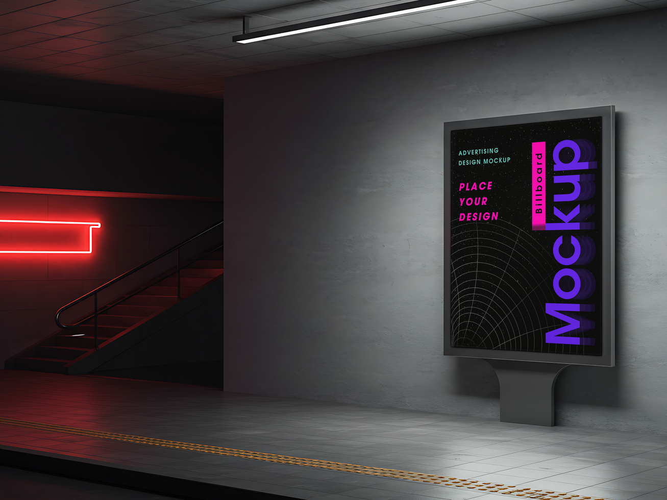 Vertical Billboard Mockup in Underground Subway Station with Neon Light psd