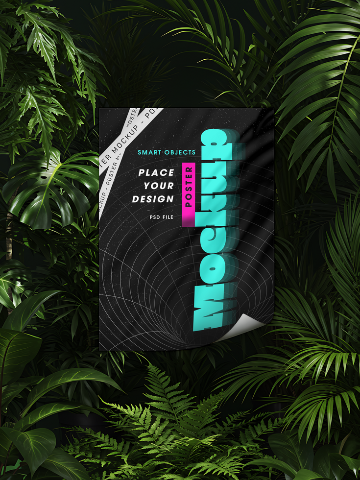 Futuristic Poster on Tropical Jungle Background with Curved Folded Edge psd