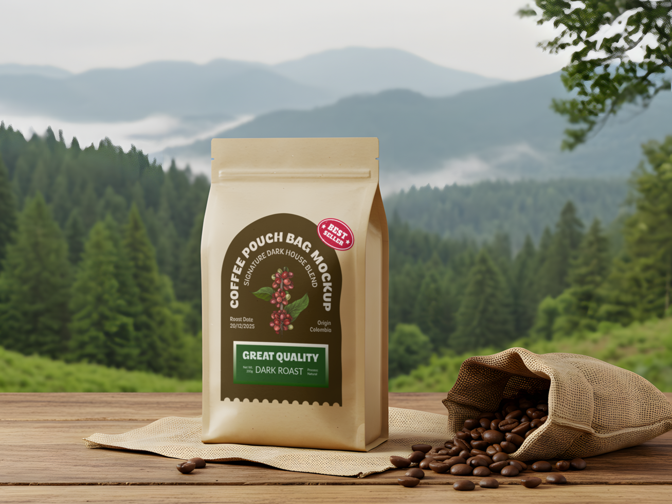Coffee Pouch Packaging Mockup on Wooden Table with Forest Background psd