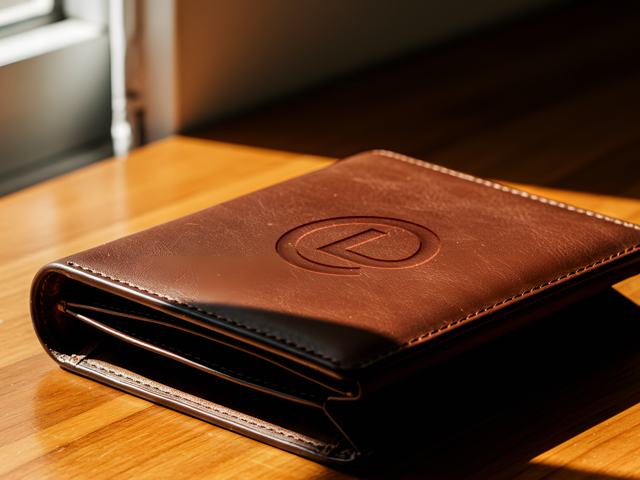 Embossed Logo Mockup on Brown Leather Wallet in Natural Lighting psd