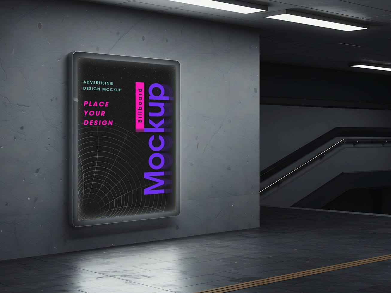 Vertical Indoor Billboard Mockup in Subway Hallway with Neon Lights psd