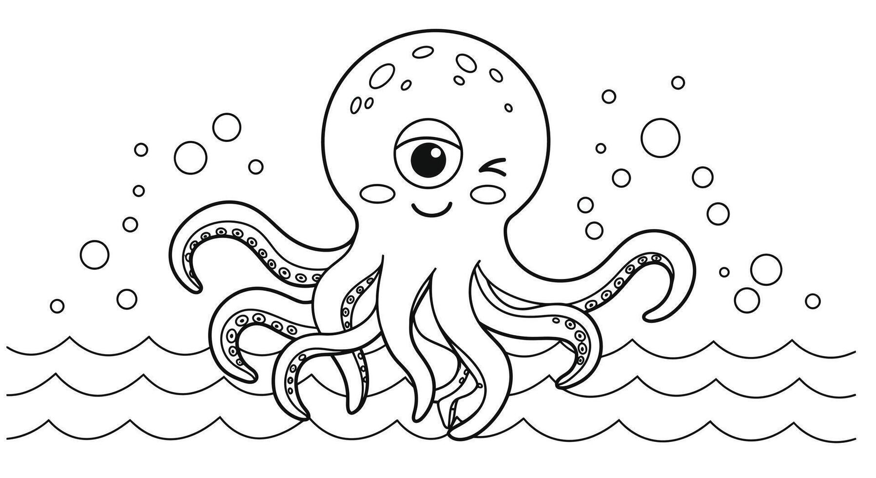 Adorable Kawaii Baby Kraken Winking Outline Illustration - Perfect Kids Coloring Page vector