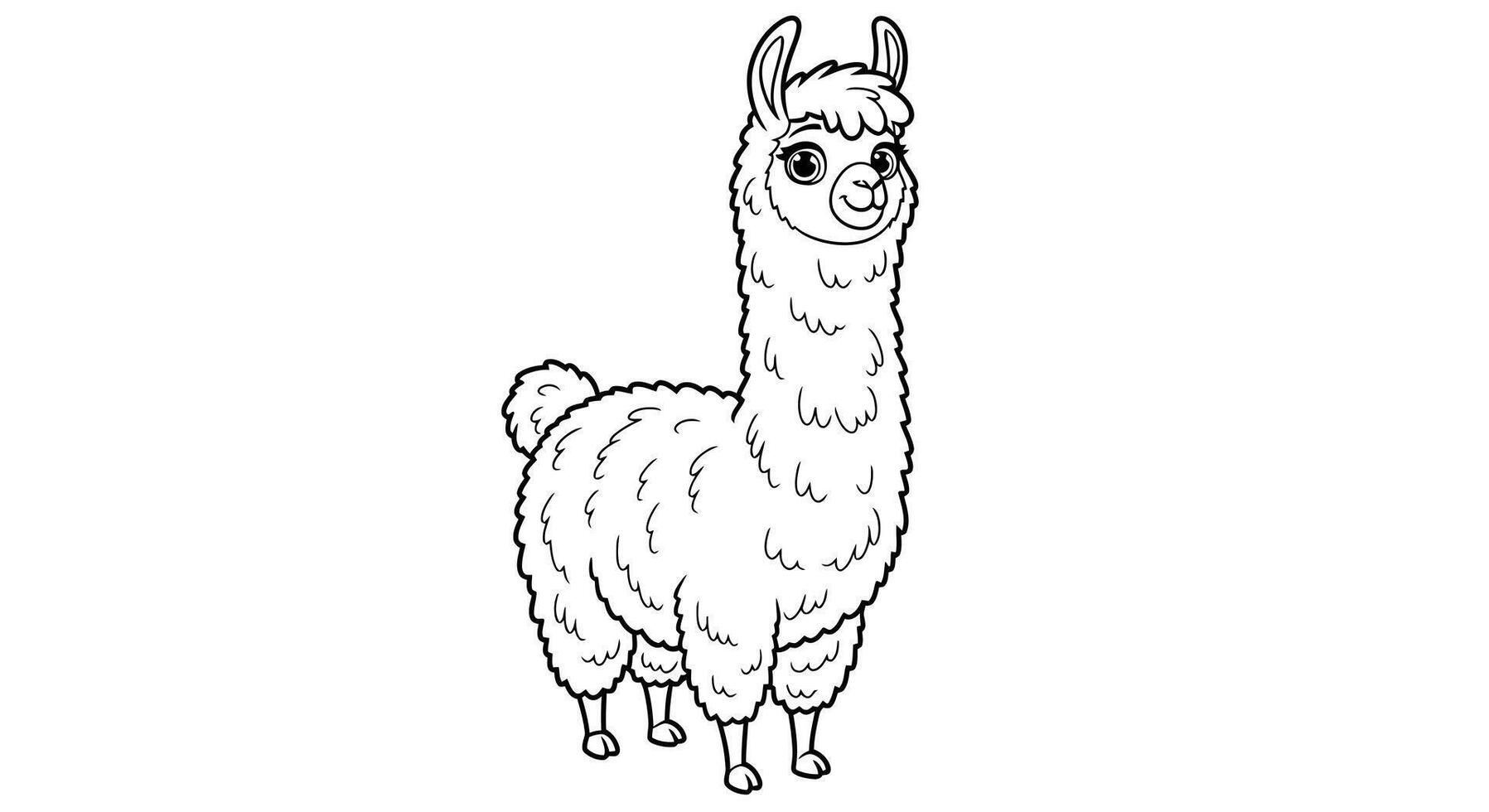 Young cartoon llama animal outline black and white illustration kids coloring page design project vector