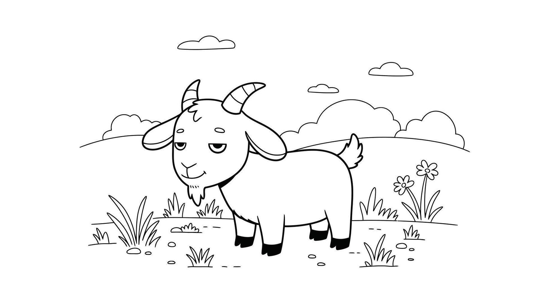 Sleepy cartoon goat character outline for kids fun coloring page activity illustration vector