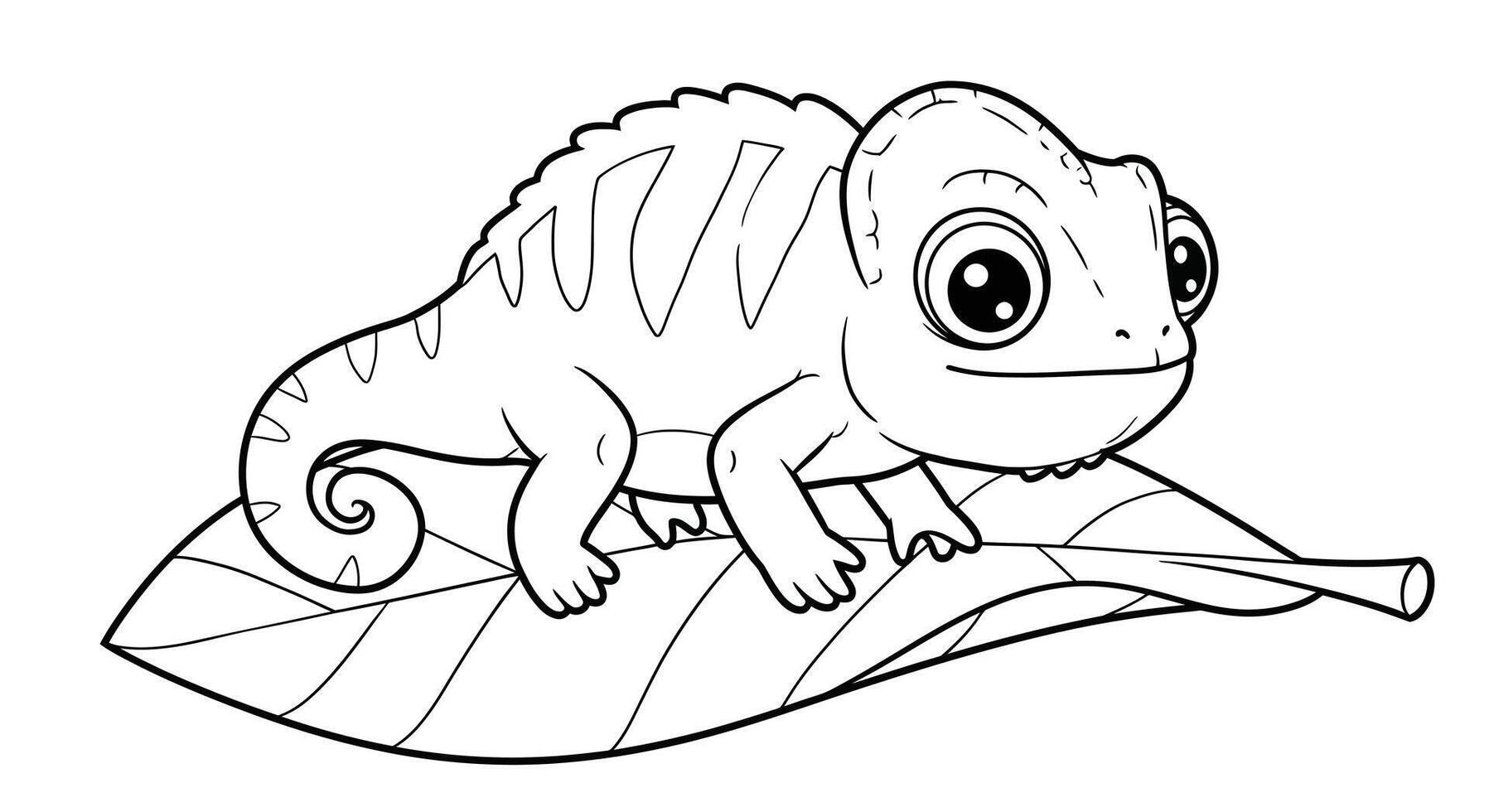 Adorable Kawaii Chameleon Sitting on Green Leaf Outline for Childrens Coloring vector