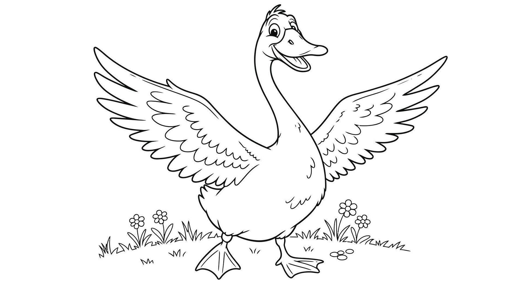 Wide eyed cartoon goose bird outline black and white illustration kids coloring page design project vector