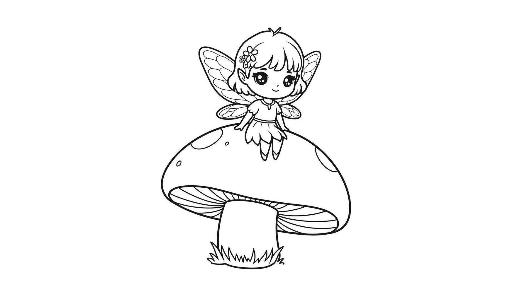 Charming Kawaii Fairy Sitting on Mushroom Outline Illustration - Kids Coloring Page vector