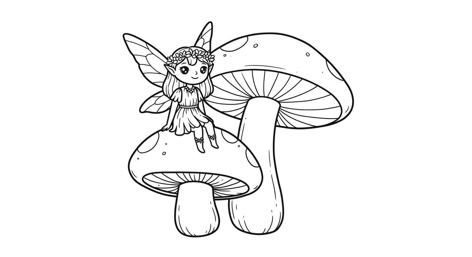 Adorable Kawaii Fairy Perched on Mushroom Outline Illustration - Fun Kids Coloring Page vector