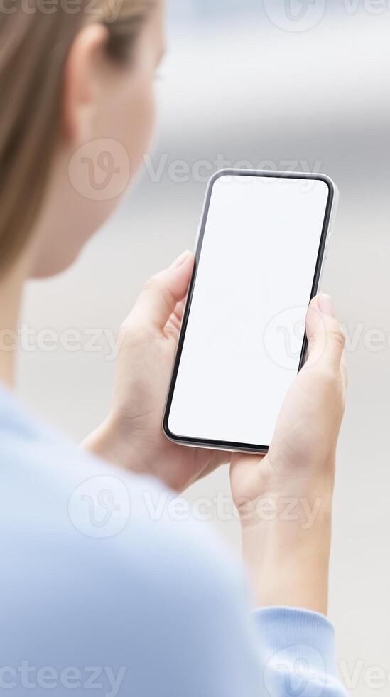 Woman holding smartphone mock up with blank screen, showcasing modern technology, in a soft-focus outdoor environment, emphasizing digital communication and connectivity photo