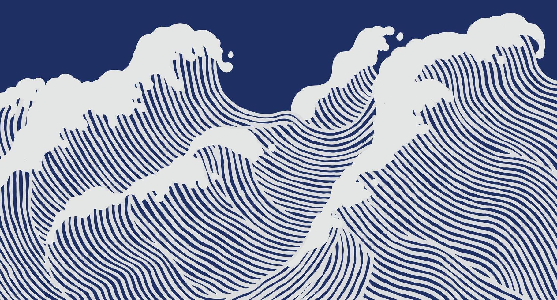 Crafted hand drawn brush lines abstract big waves in the ocean pattern, Japanese and ethnic wood carving texture background in white and blue, simple graphic for textile, carpet, decoration vector