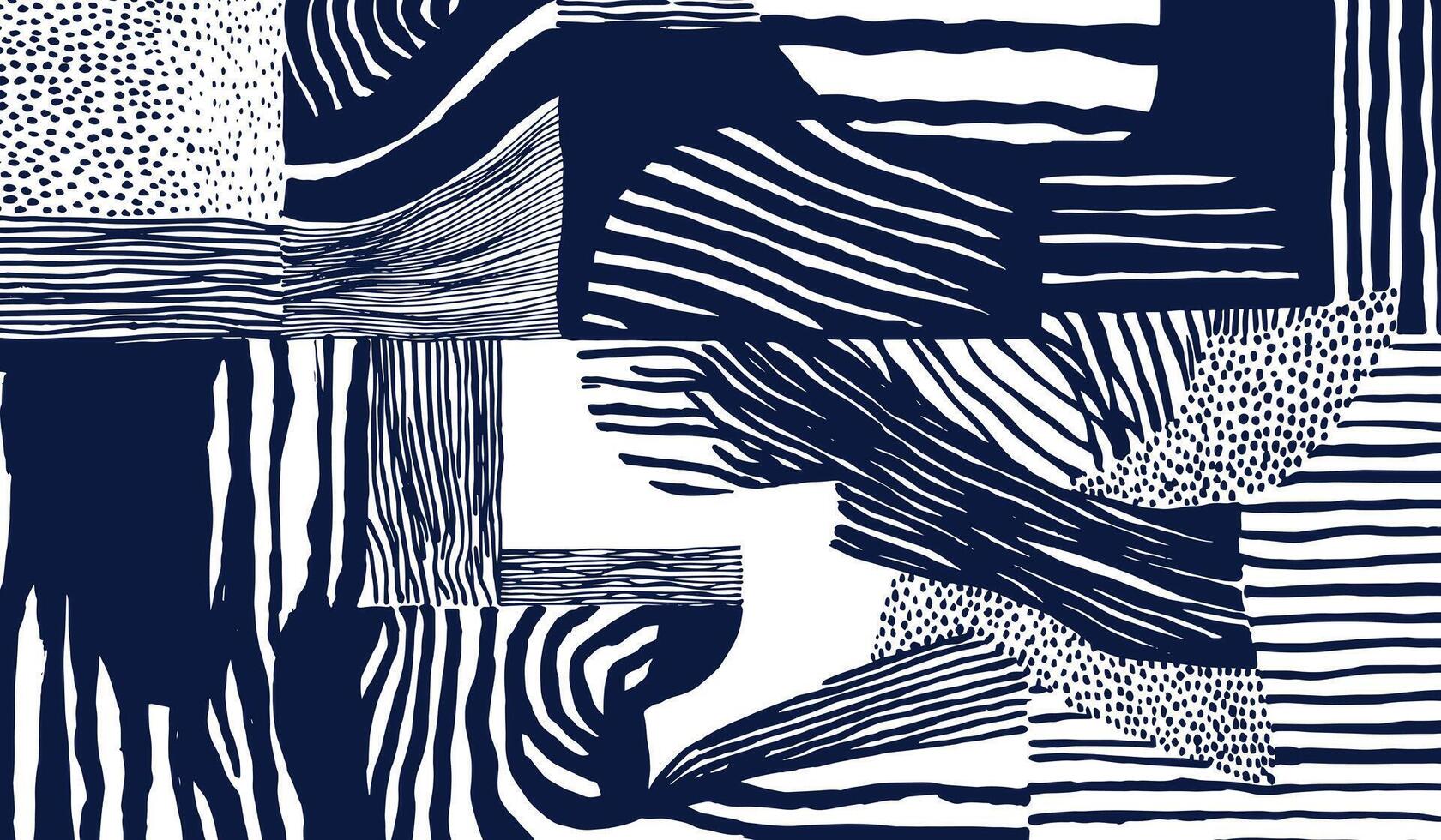 Crafted hand drawn brush lines abstract patchwork and collage pattern, Japanese, ethnic and tribal wood carving, engraving texture background in white and blue, simple and naive graphic for textile vector