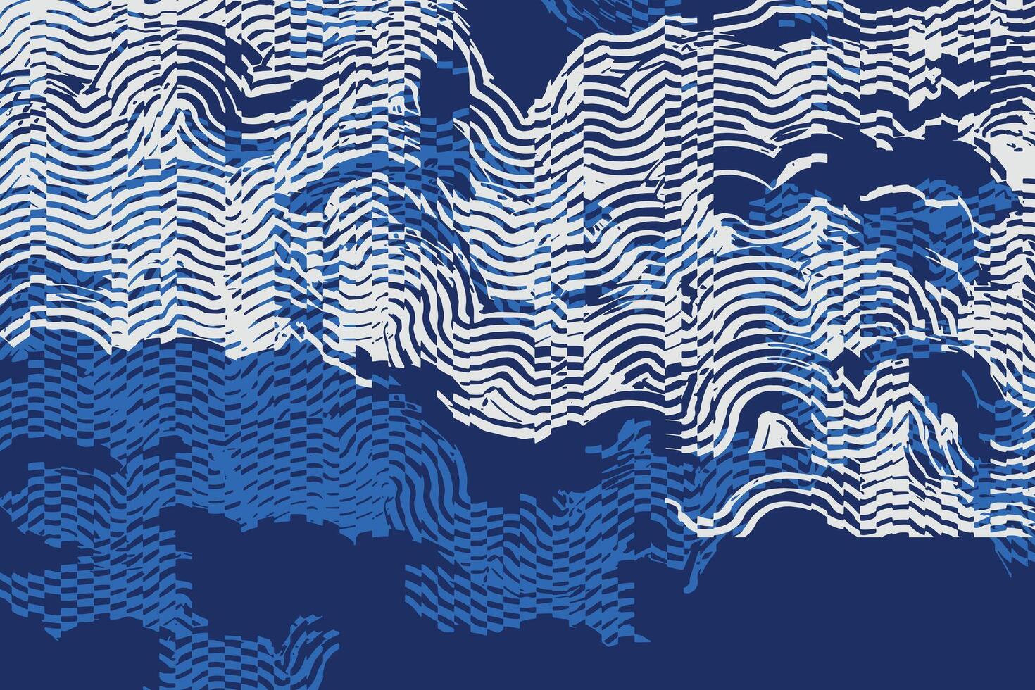 Crafted hand drawn brush lines abstract distorted waves and water glitch pattern, Japanese and ethnic experimental check, irregular graphic for textile, fashion, vector