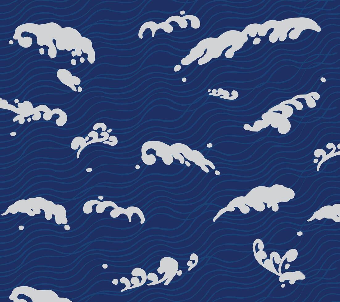 Hand drawn ink brush lines abstract minimal monochromatic waves and water pattern in indigo blue and white, Japanese and ethnic wood carving, block print texture background, simple and humble graphic vector