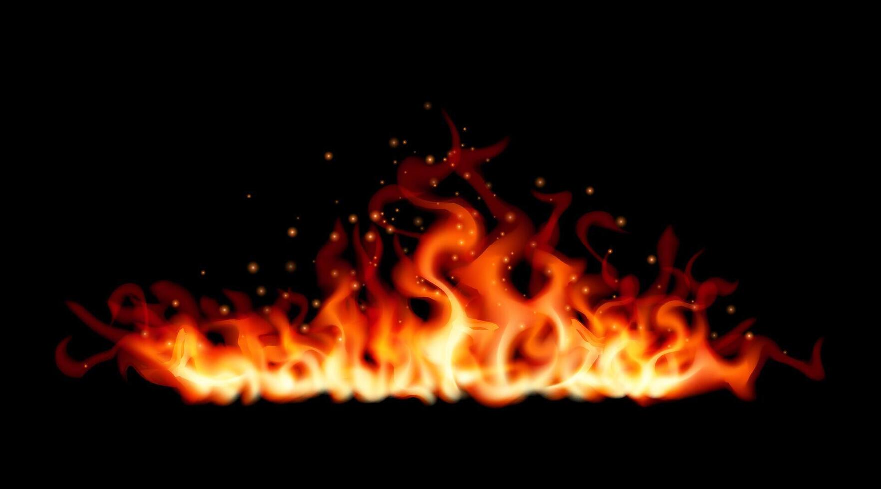 Realistic fire flames burning on black background vector