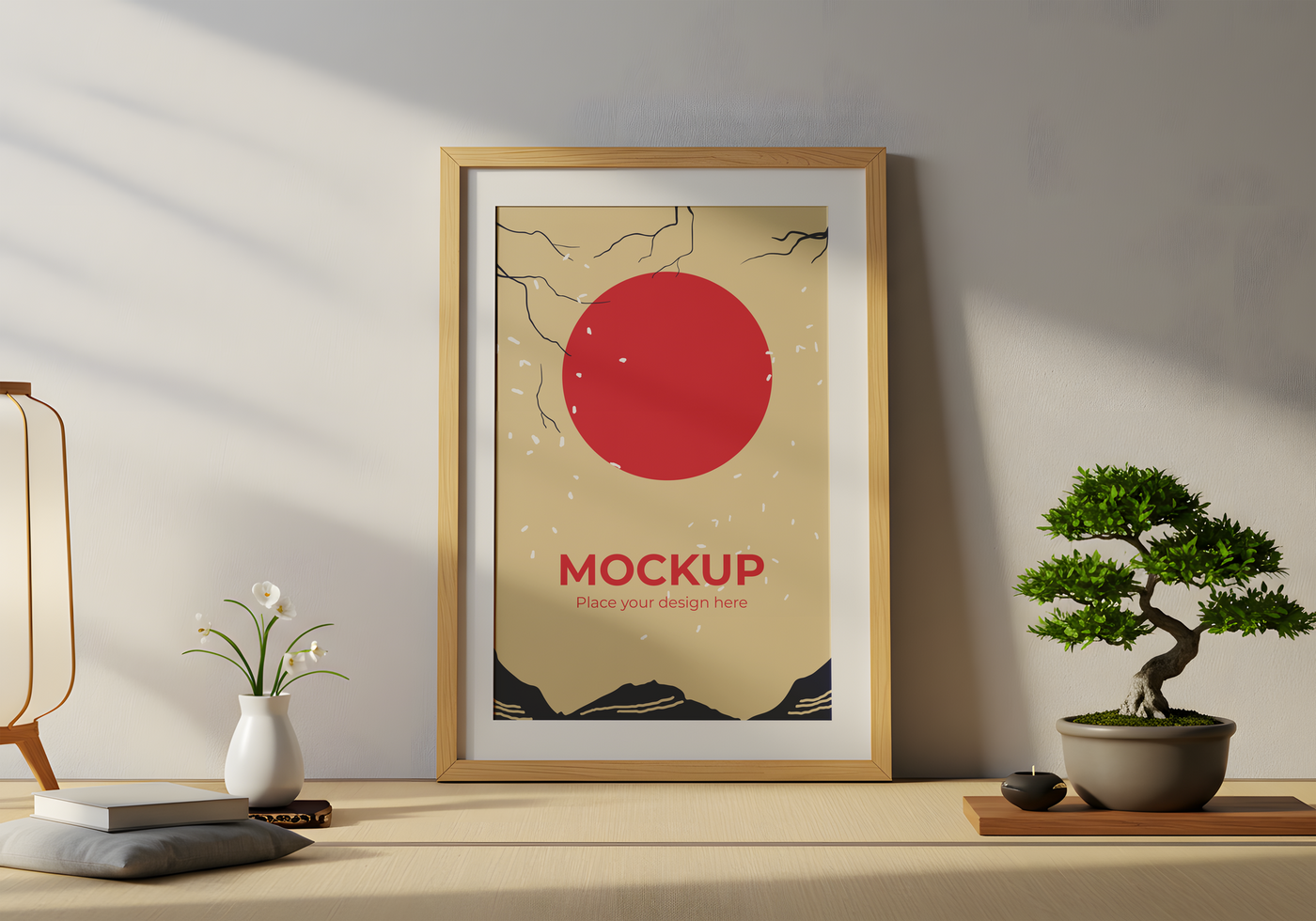 Art Frame Mockup in Modern Living Room with Japanese style with bonsai psd