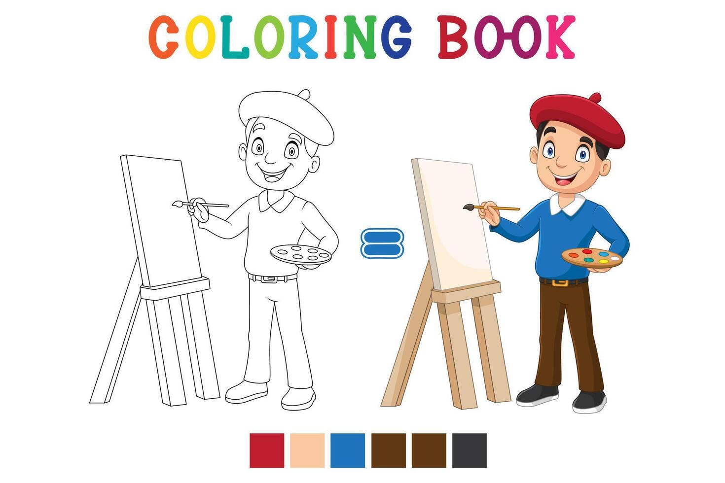 Cartoon of a painter painting a landscape in coloring book style vector