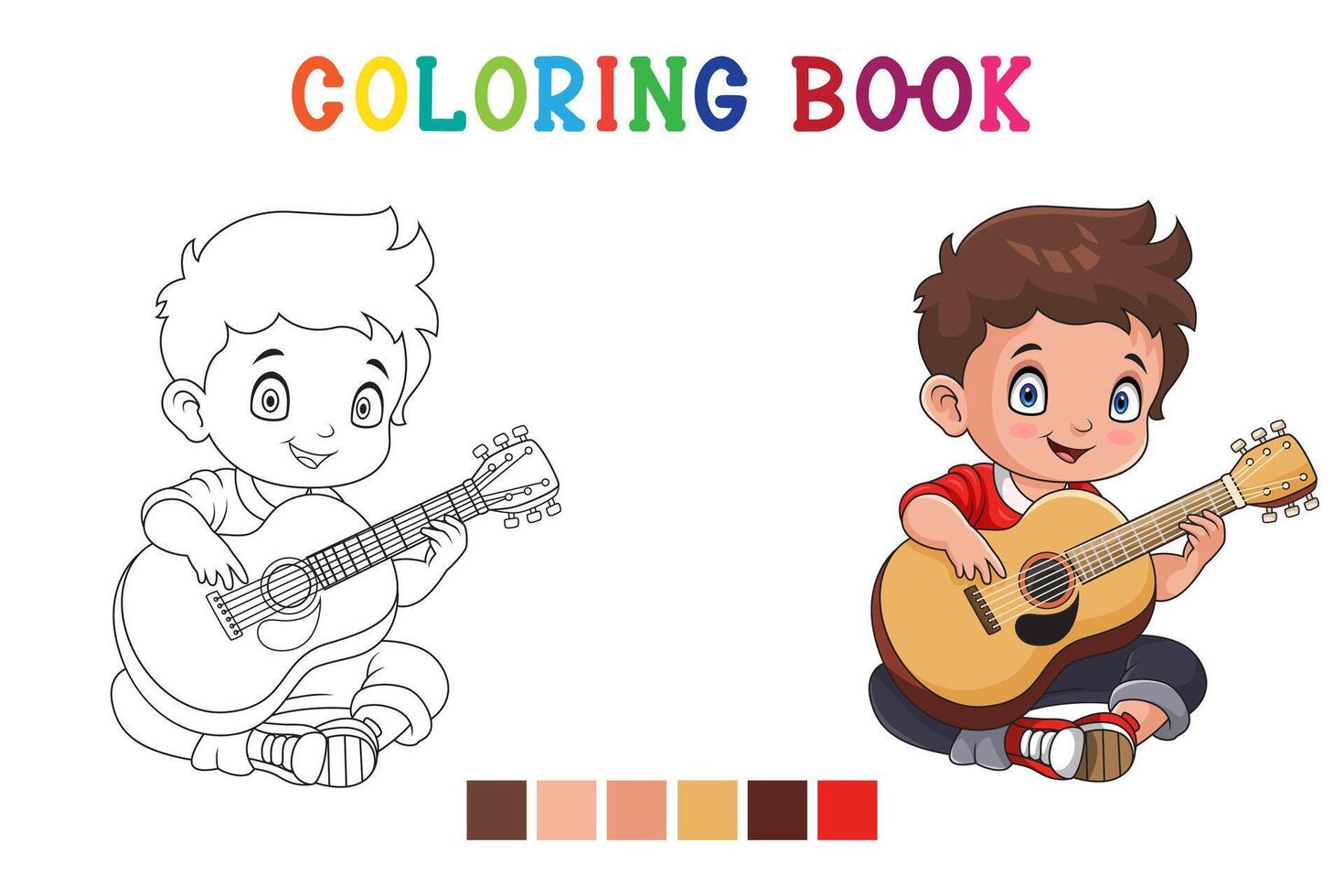 cartoon little boy playing acoustic guitar in coloring book style vector