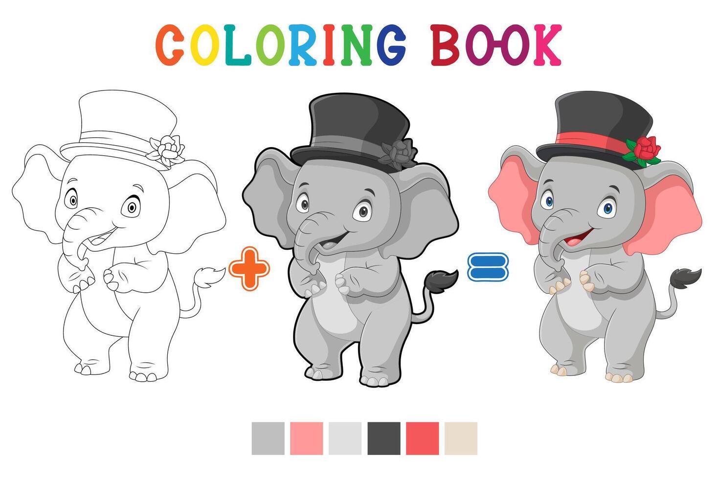 Cute elephant cartoon standing wearing hat in coloring book style vector
