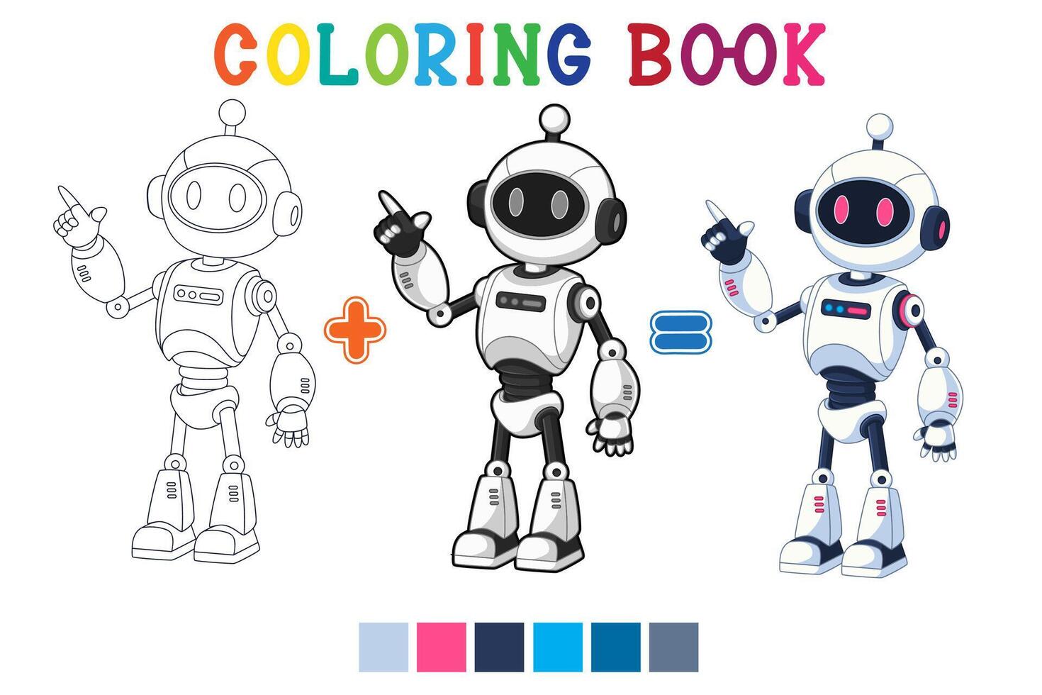 Cute white robot cartoon pointing at something in coloring book style vector